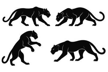 Icon set featuring various posture designs of sleek black panthers in a bold, minimalist style for creative projects