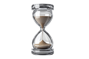 Elegant glass hourglass sand timer time passing concept life still black on transparent background