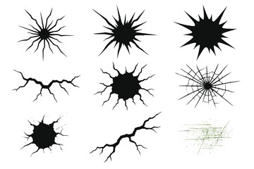 Icon set featuring various styles of black cracks and burst designs for graphic use in artwork and digital projects