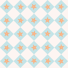 Orange starfish on blue square background. Vector illustration seamless pattern for background, wallpaper, wrapping and textile.