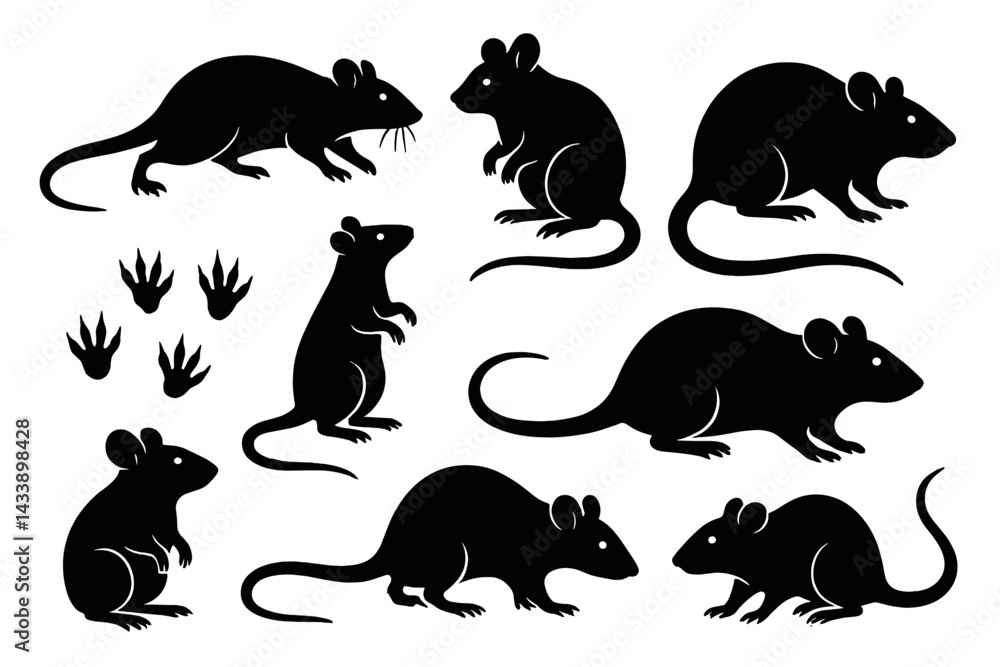 Poster icon set featuring various mouse silhouettes and paw prints for design elements