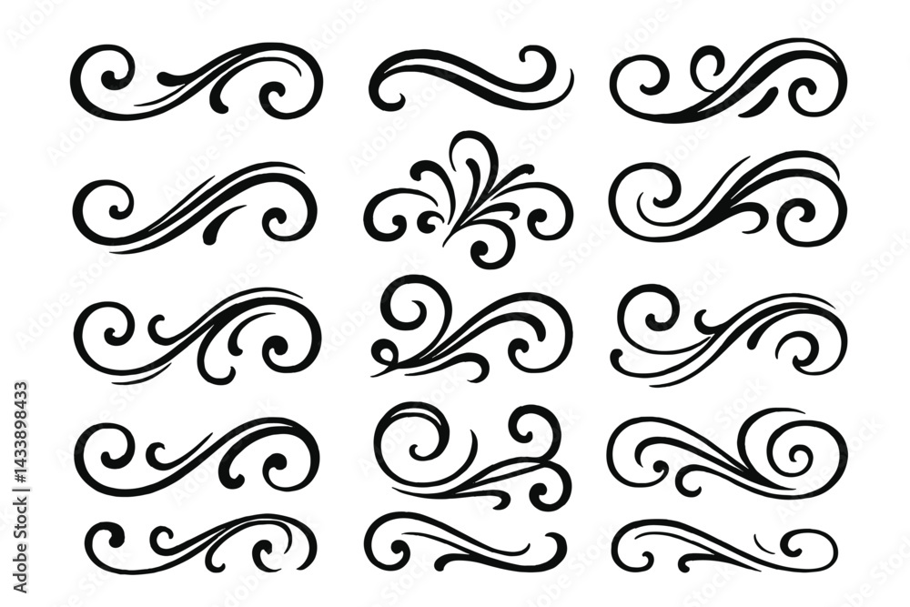 Poster collection of decorative swirl icons in black for design and artistic projects in various styles and