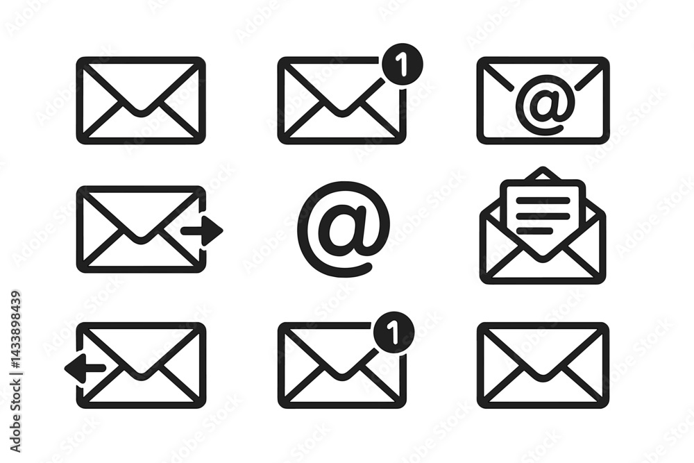 Poster icon set featuring various email symbols and notifications designed for digital communication