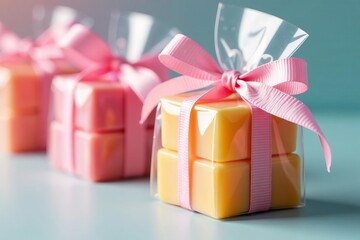 Brightly colored wax melts in clear packaging with pink ribbon, gift, party favor