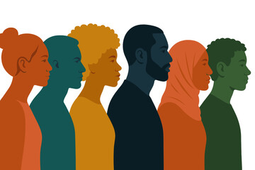 Diverse group of people in side profile showcasing different hair types and ethnicities in colorful silhouettes