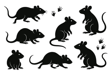 Icon set featuring various styles of black mice and their paw prints for creative projects