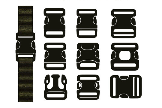 Various black buckle designs arranged in a grid layout for versatile strap applications