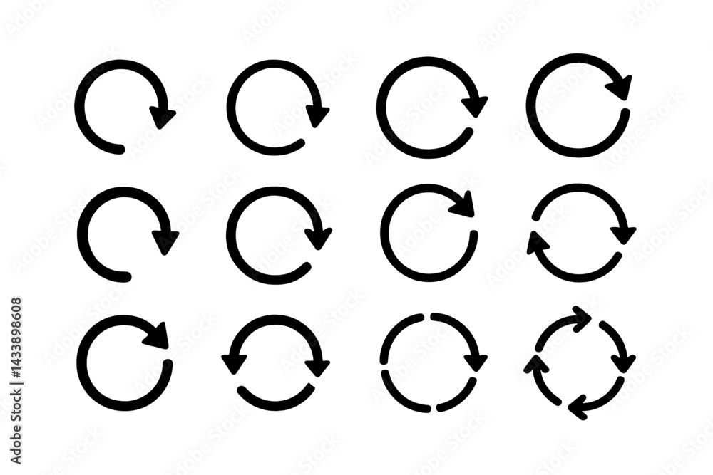 Poster collection of icon illustrations showcasing various circular and refresh symbols for design use and 