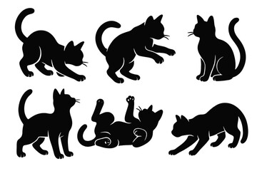 Various playful cat silhouettes showcasing different poses and activities in a minimalistic design