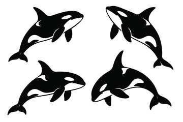 Fototapeta premium Orca icon set featuring four distinct black and white designs for digital and print projects