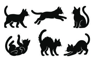Stylish icon set featuring playful cat silhouettes displaying various poses and activities