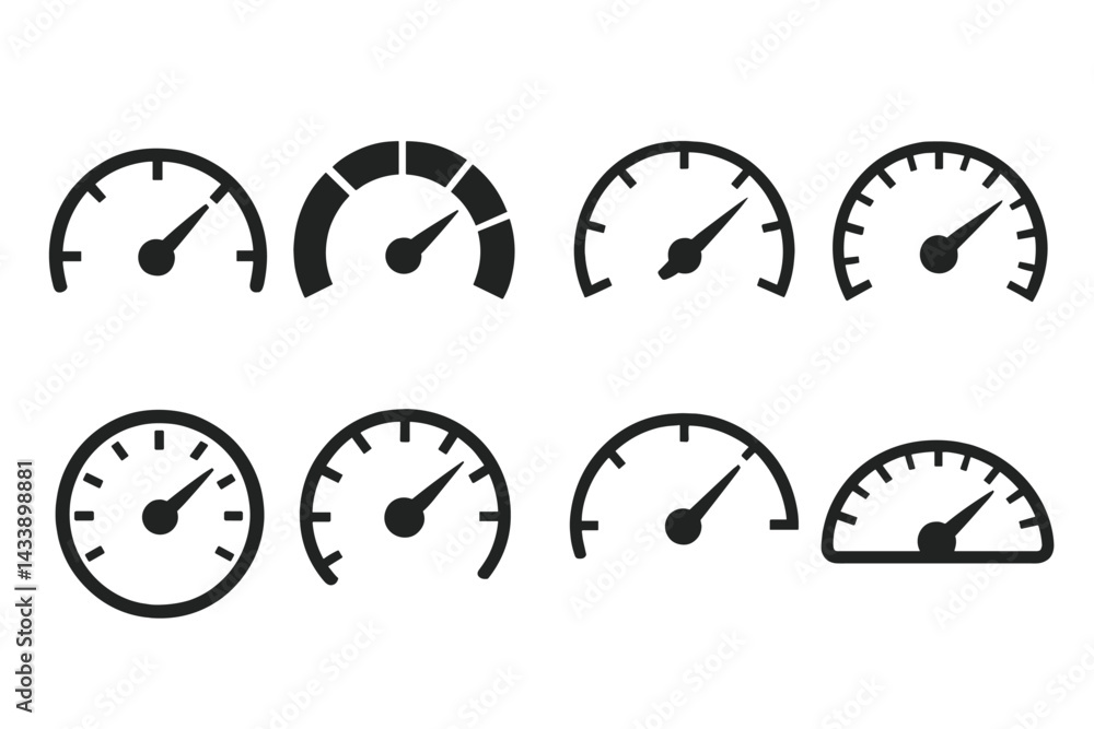 Poster icon set featuring various gauges and dials for user interface design and data visualization applica