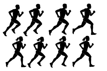 Icon set depicting various poses of runners in a dynamic and energetic sequence for fitness and sports-related designs