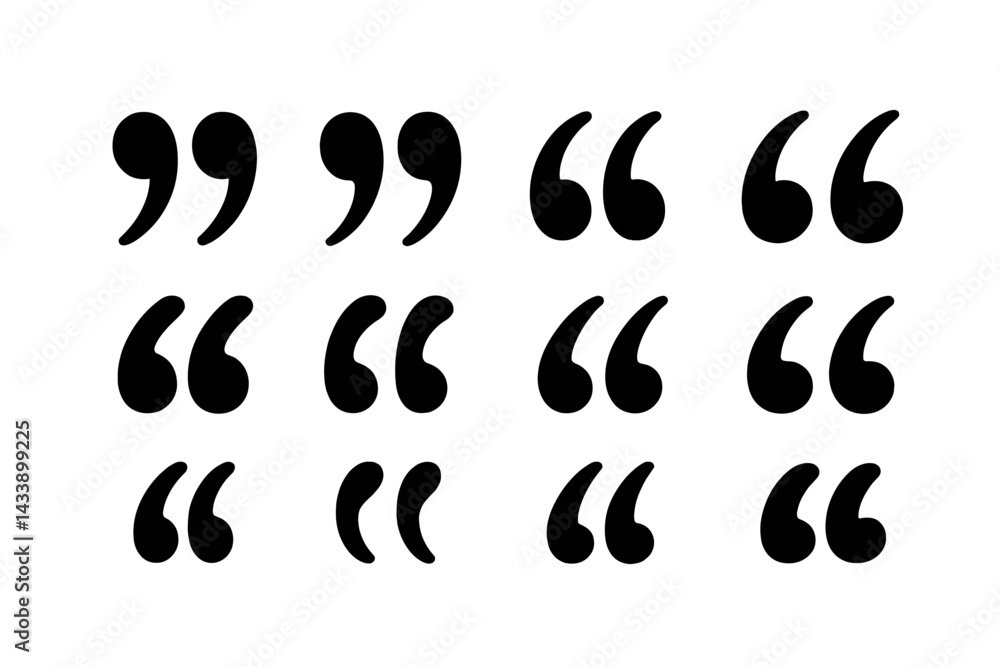 Poster collection of speech quotation marks in various styles for design or graphic use