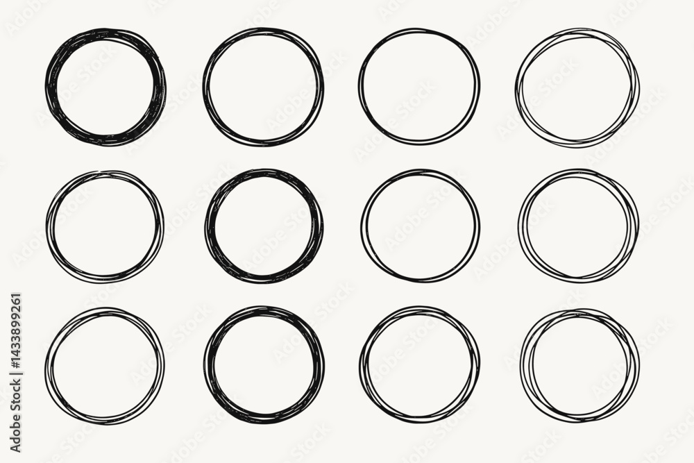 Poster collection of hand-drawn icon set featuring simple circular designs for various creative projects