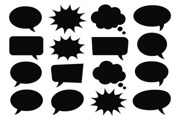 Icon set featuring various speech bubbles, thought clouds, and burst shapes in simple black design