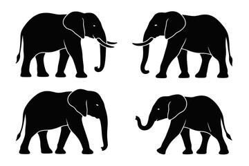 Icon set featuring four black elephant silhouettes in various poses and positions for versatile design applications