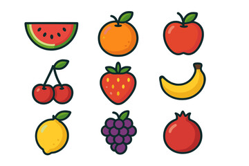 Colorful fruit icon set featuring various types of fruits ideal for digital design projects