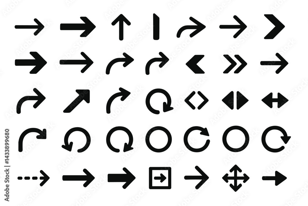 Poster icon set featuring various direction symbols used for navigation and instructions in design projects