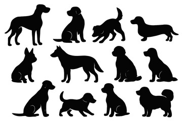 Collection of various dog silhouettes showcasing different breeds in a single cohesive design for creative projects