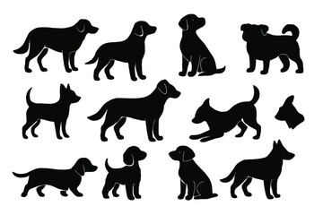 Collection of black silhouette dog icons in various poses showcasing different breeds and sizes for design purposes