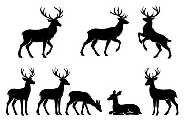 Detailed icon set featuring various deer poses in silhouette style for design projects and artistic applications