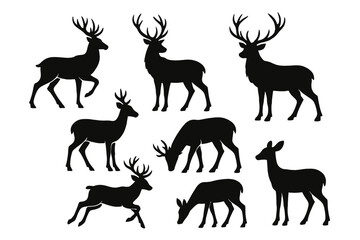 Collection of various deer icons in silhouette style showcasing different poses and stances for design applications