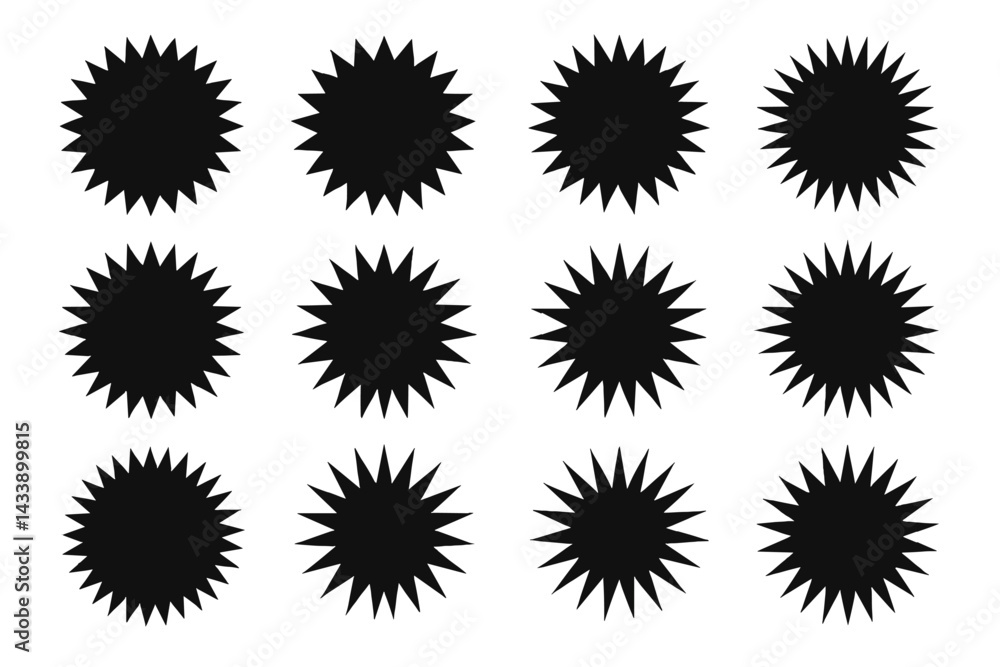 Poster unique black icon set featuring starburst shapes in varying styles for design projects and creative 