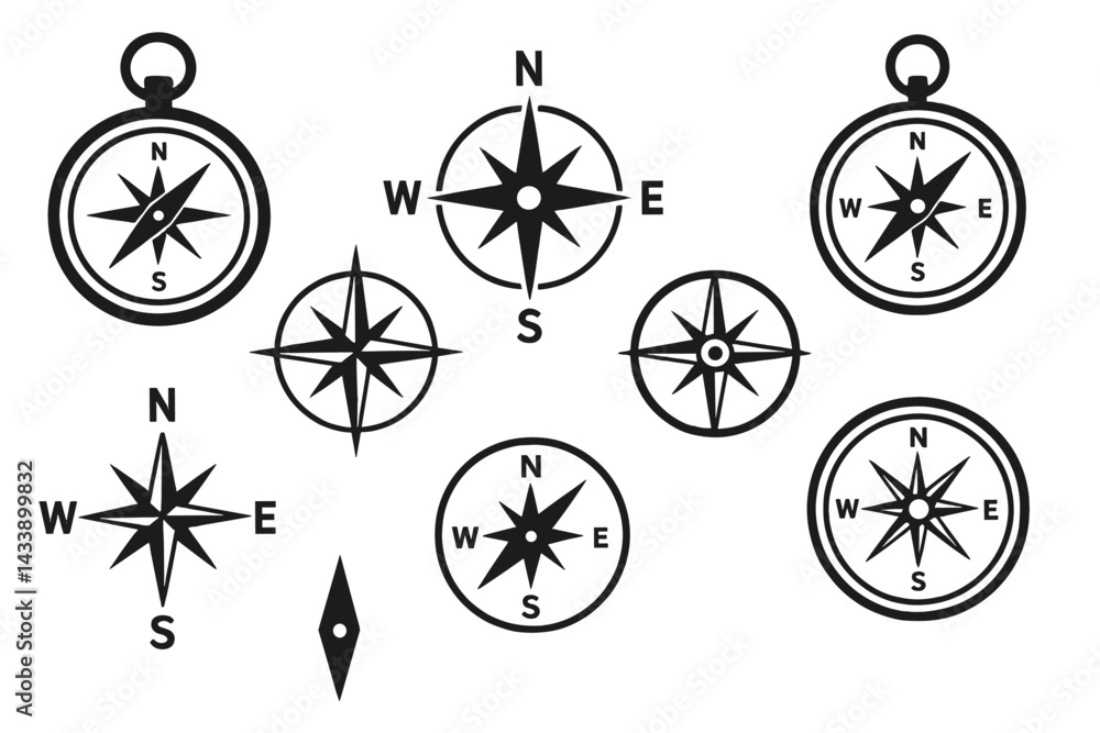 Poster collection of compass icons featuring various designs and orientations for navigation and mapping pu