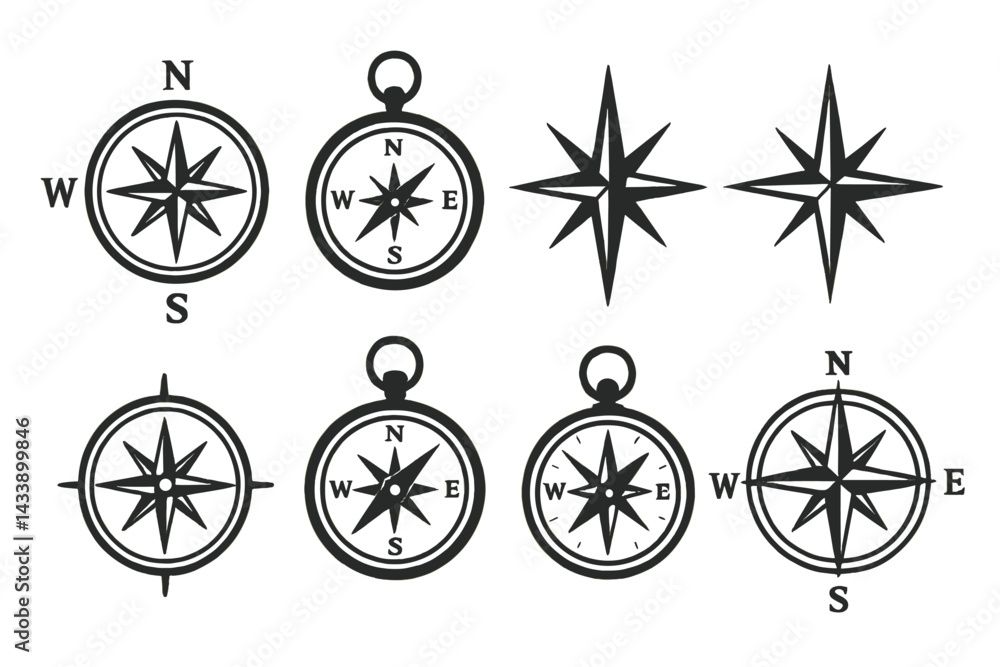 Aufkleber compass icon set featuring various designs for navigation and orientation purposes in black and whit