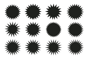 Icon set featuring various starburst shapes in solid black, suitable for graphic design projects and creative applications