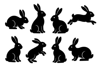 Icon set featuring various poses and movements of rabbits in black silhouette style