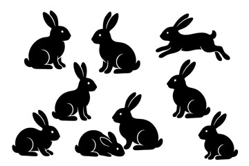 Icon set featuring various poses of rabbits in a minimalist black design for creative projects