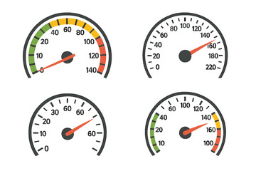 Naklejka premium Icon set featuring four different gauges illustrating various measurement readings for speed, temperature, fuel, and pressure