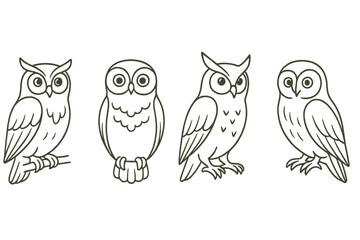 Collection of four adorable owl icons showcasing different styles and poses for creative projects and designs