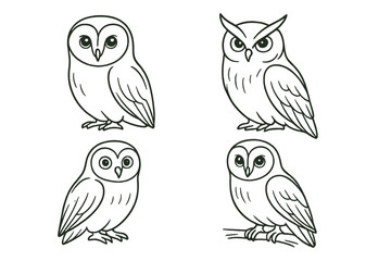 Icon set featuring various owl designs, showcasing their distinct features and poses in a simplistic style