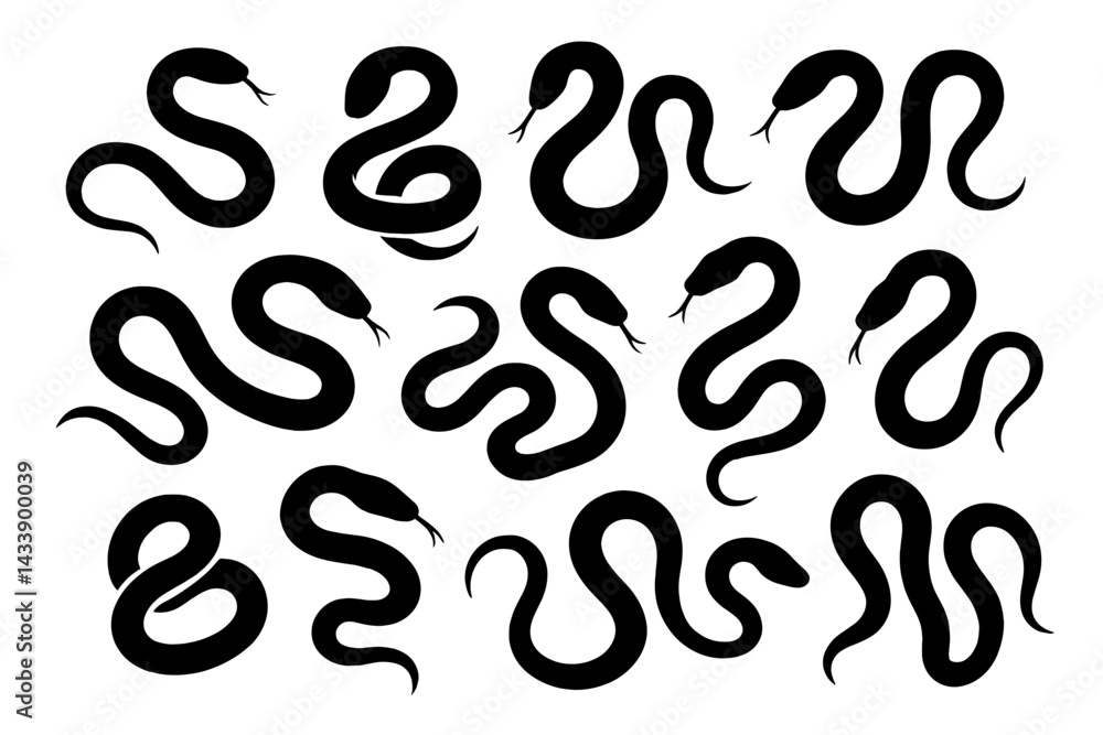 Poster collection of black snake icons arranged in various poses on a white background for design use