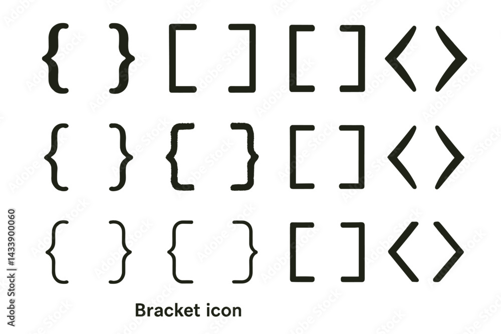  icon set of various bracket styles and shapes used in digital design and programming for visual repr