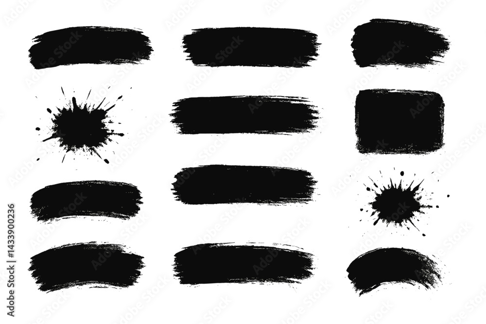 Poster black brush stroke icon set for design applications featuring various styles and sizes