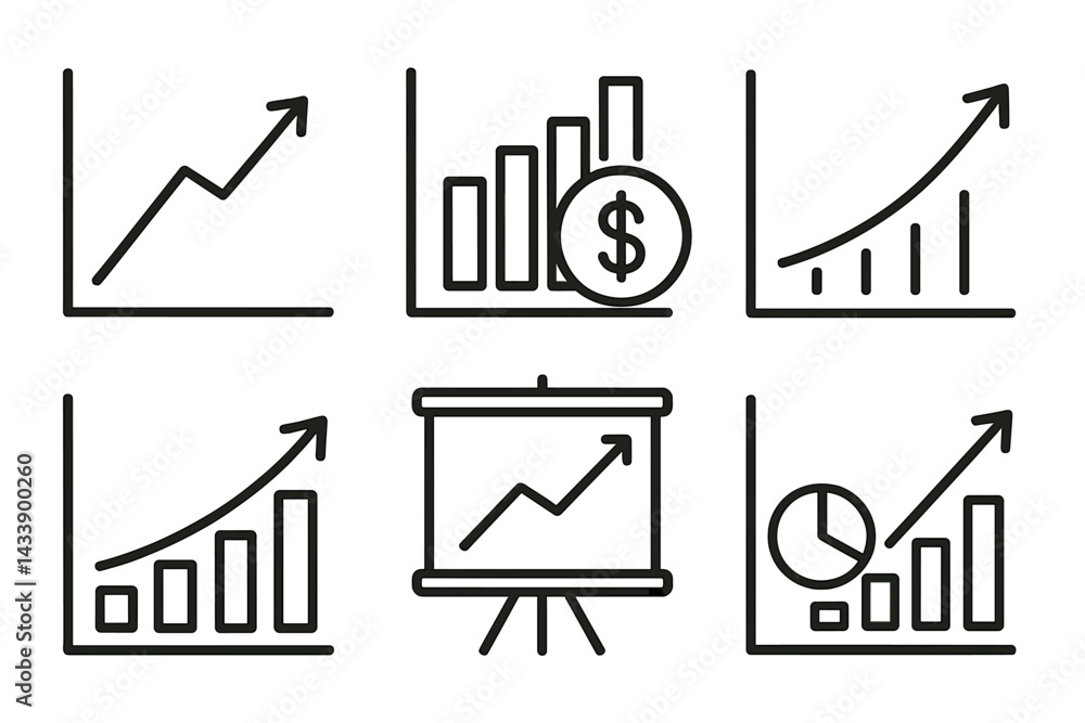 Poster icon set featuring various graphs and charts illustrating growth trends and financial performance me