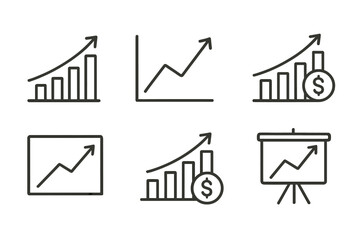 Collection of various icons depicting growth trends and financial progress over time in simple line art style