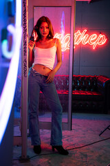 Asian young models pose for photoshoots, Women with the brilliant city lights theme