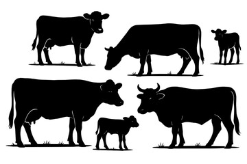 Icon set showcasing various silhouettes of cows and calves in different positions and sizes against a simple backdrop