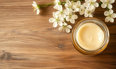 Fototapeta premium Almond blossoms and moisturizing cream are arranged on a wooden background