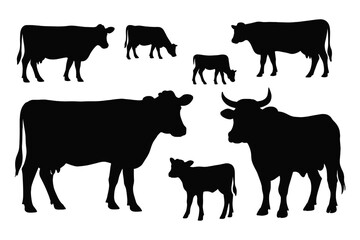 Varied silhouettes of cows representing different breeds, sizes, and life stages for design and educational purposes in agriculture
