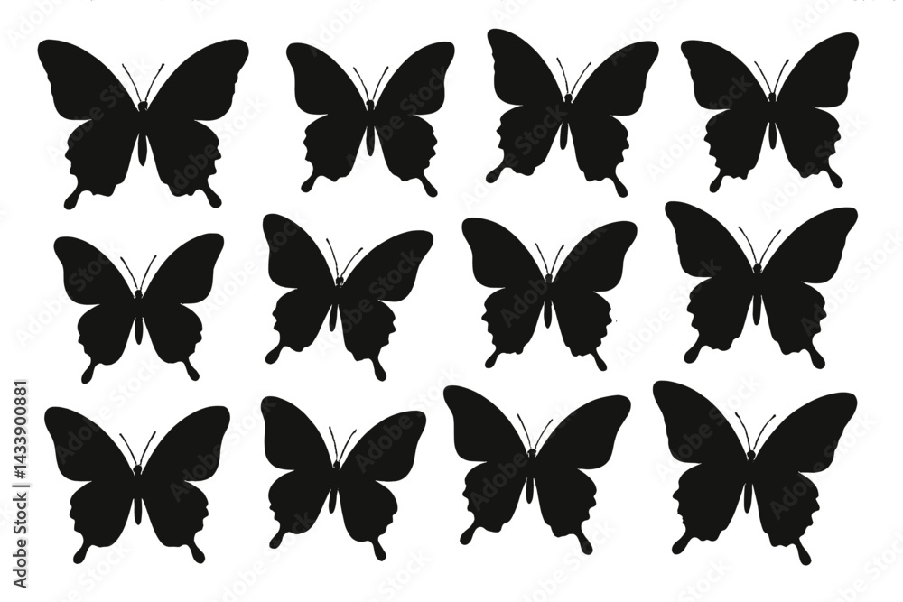 Poster icon set featuring various butterfly silhouettes in black arranged in a grid pattern for design purp