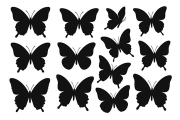 Stylish black butterfly icon set featuring various sizes and styles for design purposes