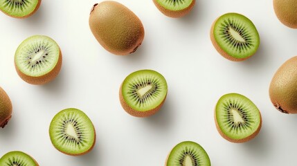 Fototapeta premium Overhead view of evenly spaced vibrant kiwi fruit slices on a clean white surface, exhibiting