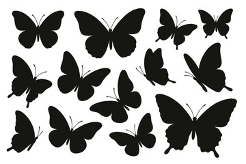 Collection of black silhouettes of butterflies showcasing various shapes and sizes for design purposes