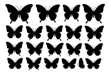 Diverse icon set featuring black butterfly silhouettes for design and decoration